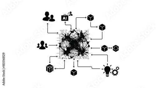 Abstract network of AI and data connecting people, ideas, and processes.