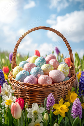 A wicker basket overflowing with intricately decorated Easter eggs in pastel shades of pink, blue, and yellow, surrounded by a vibrant arrangement of spring flowers including tulips, daffodils