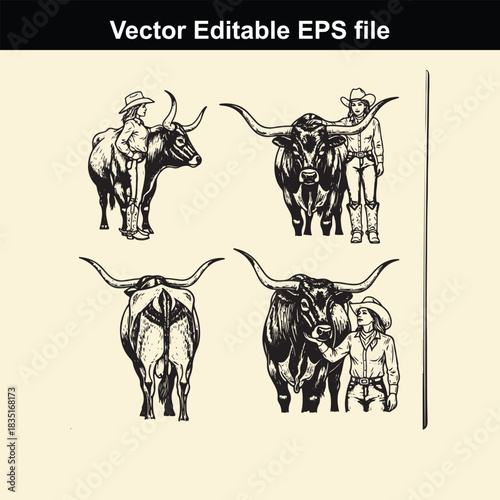 vector editable eps file featuring four detailed black and white illustrations of cowboys interacting with texas longhorn cattle in various poses