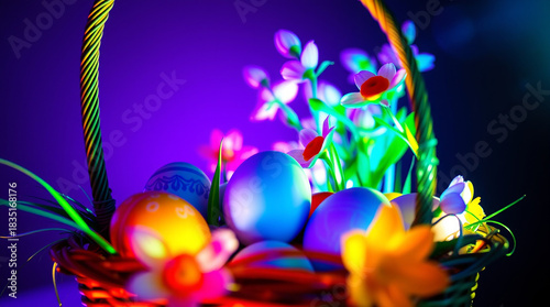 A wicker basket overflowing with intricately decorated Easter eggs in pastel shades of pink, blue, and yellow, surrounded by a vibrant arrangement of spring flowers including tulips, daffodils