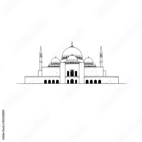 Scandinavian-style minimal poster of Shah Faisal Mosque with ultra-clean linework, bold sans-serif text, and a modern monochrome aesthetic featuring a dominant white background and accentuated with su