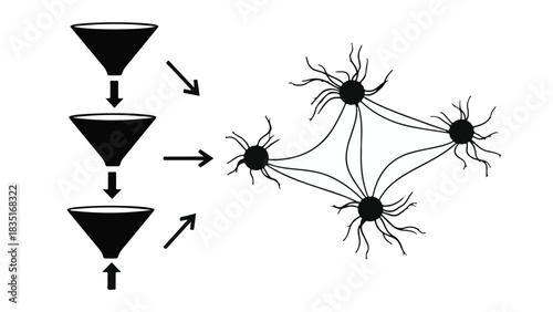 Abstract representation of data filtering and neural network connections
