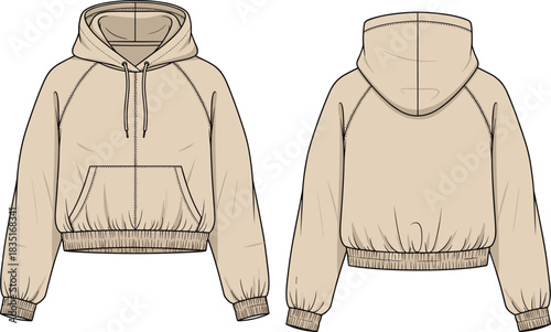 Cropped beige hoodie technical flat sketch front and back view with drawstring hood, raglan sleeves, kangaroo pocket, ribbed cuffs