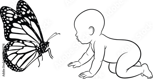 Curious baby crawling toward butterfly in nature, black and white line art illustration for childhood, innocence, exploration, and discovery themes.