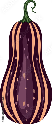 Unique Dark Purple & Orange Striped Gourd Vector Illustration: Pear-Shaped Bumpy Squash with Curly Green Stem for Halloween & Fall Decor Designs