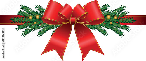 Christmas decor with a red bow and fir branches isolated on a white or transparent background