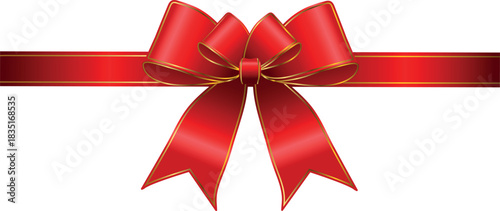 Vector decorative shiny gift red ribbon with tied bow, design element isolated on white background	
