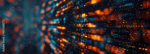 Digital Data Matrix: An abstract and visually captivating composition of a digital data matrix, awash in vibrant blue and orange hues, representing the intricate network of information flow, code.