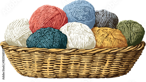 Colorful Yarns in a Basket and Yarn Skeins Arranged with Basket Vector