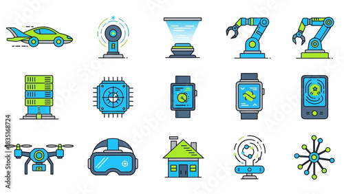 Illustrations depicting technological advancements and digital innovations, representing a