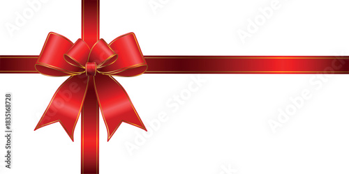 Vector decorative shiny gift red ribbon with tied bow, design element isolated on white background	
