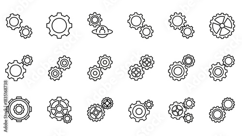 Minimalistic gear icons arranged in a seamless pattern for engineering concepts