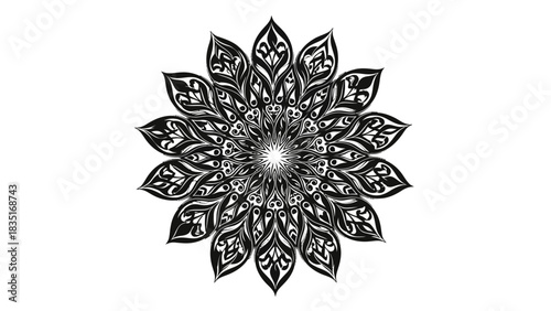 Intricate black and white mandala design with floral and ornamental elements creates an