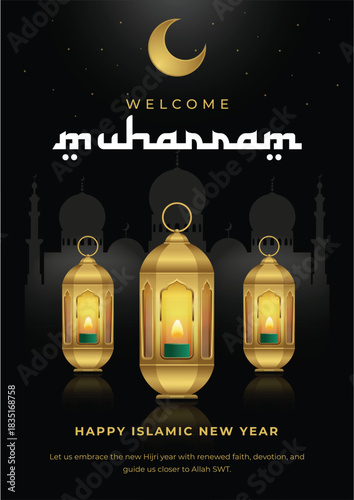 An elegant Islamic New Year (1 Muharram) greeting poster featuring a golden crescent moon, Arabic-inspired typography, and illuminated gold lanterns.