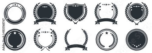 Laurel wreath and award badge collection in black silhouette style. Elegant templates for certificates, achievements, and branding