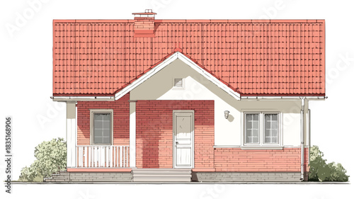 Classic Brick House with Red Roof and White Door Vector Illustration