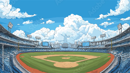 Cartoon Baseball Stadium with Blue Sky and Players in Action