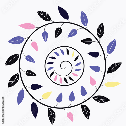 Abstract floral spiral burst with blooming leaves and petals