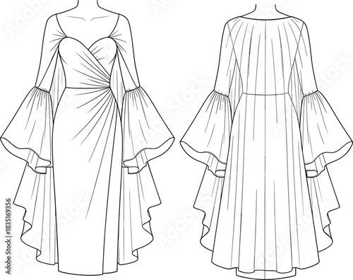 Elegant asymmetrical fashion dress with ruffled sleeves, pleated back, sweetheart neckline, draped bodice, and layered flowing skirt design