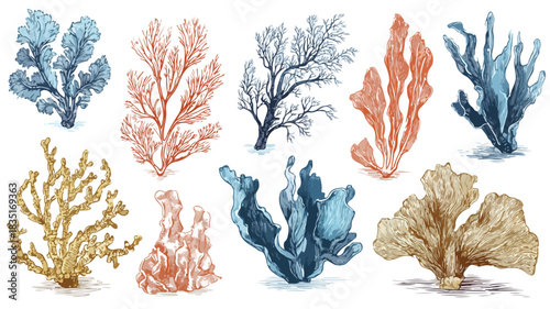 Vibrant Collection of Seaweeds and Corals Vector Illustration