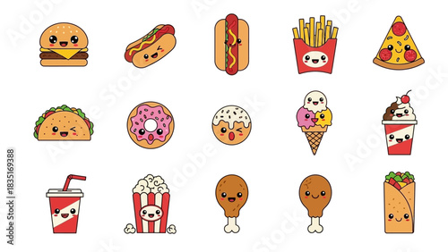 Collection of adorable kawaii fast food and desserts illustrations on white background