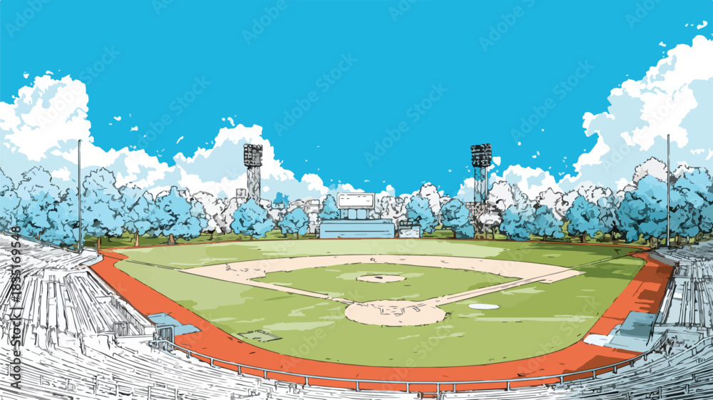 Fototapeta premium Baseball Stadium with Trees and Blue Sky Vector Drawing