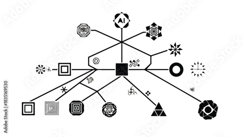 Abstract network diagram showcasing interconnected geometric shapes and AI symbol