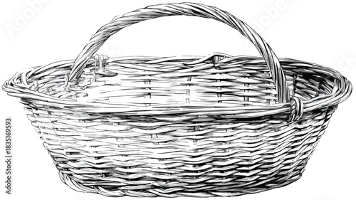 Wicker Basket with Handle Drawing - Professional Illustration for Design Projects