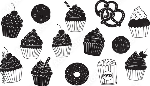 Sweet Dessert Treats Seamless Pattern Black and White Vector Design