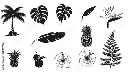 Tropical paradise vector set of palm tree leaves pineapple and hibiscus flowers for summer vibes