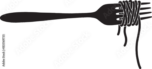 Stylized fork with spaghetti twirled around prongs illustration for designs