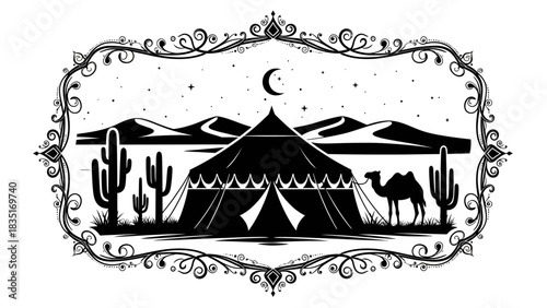 Detailed monochromatic desert scene with ornate frame showcasing arabian nights