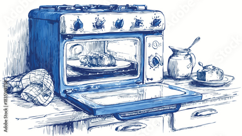 Blue Oven with Plate of Food Vector Illustration