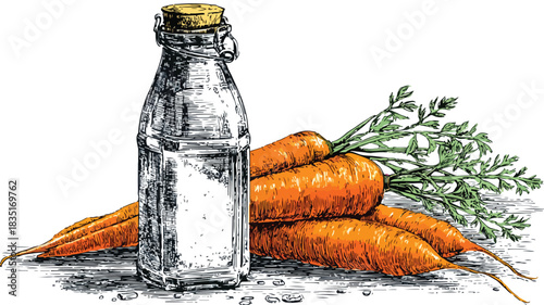 Detailed Vector Drawing of Corn and Carrots in a Bottle with Outline
