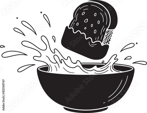 Toast dipping into bowl with splashing milk or liquid illustration