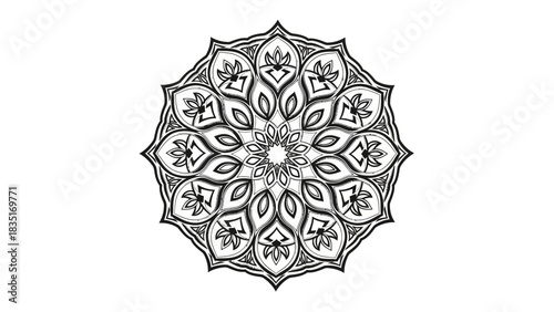 Intricate black and white floral mandala design offering a serene and symmetrical composition for