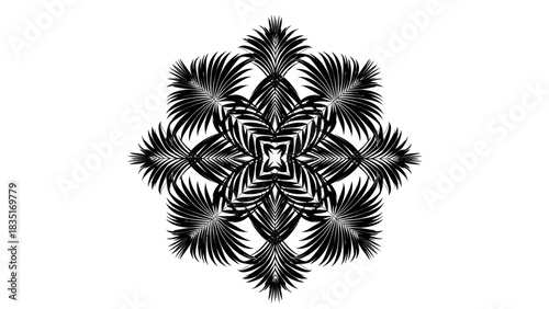 Monochrome botanical pattern of palm leaves arranged symmetrically offering a captivating design