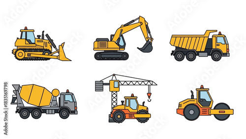 Illustration Set Showcasing Various Construction Vehicles for Childrens Educational Material