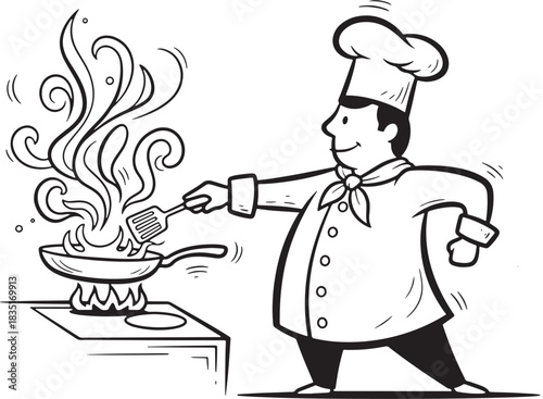 Chef Cooking with Frying Pan Line Art Illustration for Culinary Creations