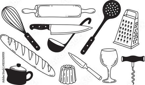 Black and white vector illustration of kitchen utensils and food elements