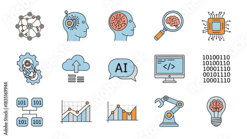 Illustrations depicting artificial intelligence machine learning and technological advancements