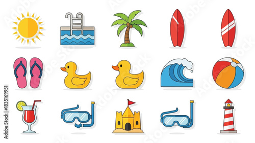 Delightful summer icons showcasing beach and pool-related elements in a flat design style