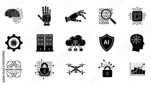 Set of artificial intelligence and machine learning symbols for modern technology trends