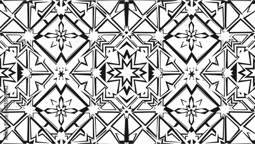 Monochrome symmetrical geometric pattern featuring stars, triangles, and stylized floral designs