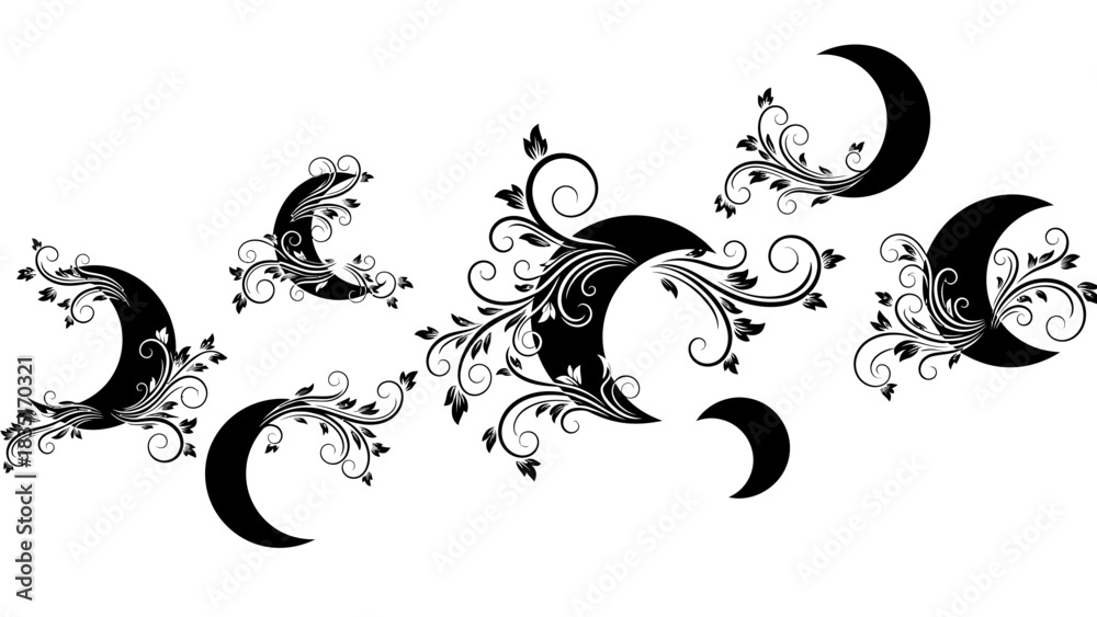 Fototapeta premium Elegant black crescent moon illustrations intertwined with floral ornaments on white background