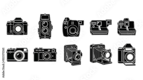 Retro camera collection featuring various vintage models in black and white illustration graphic