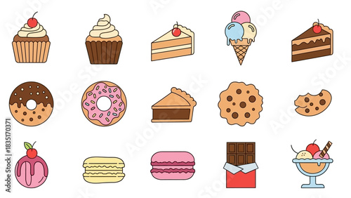 Colorful Assortment of Dessert Icons Displaying Cupcakes, Donuts, and Other Delicious Treats