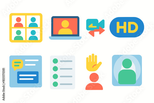Online Communication and Virtual Meetings Flat Icons Set