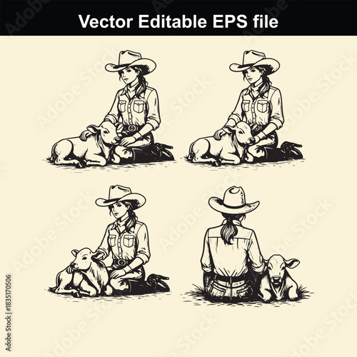 collection of four vintage style vector illustrations depicting a cowgirl sitting with a calf in various poses, perfect for western theme designs