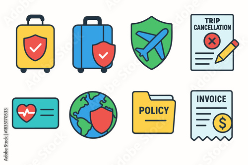 Travel insurance flat icons set